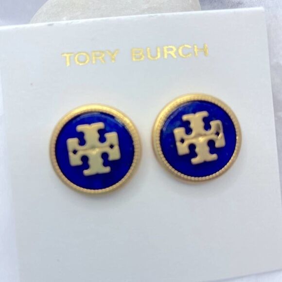 NWOT Tory Burch Gold Logo Dark Blue Medallion Stud Earrings - Picture 3 of 7